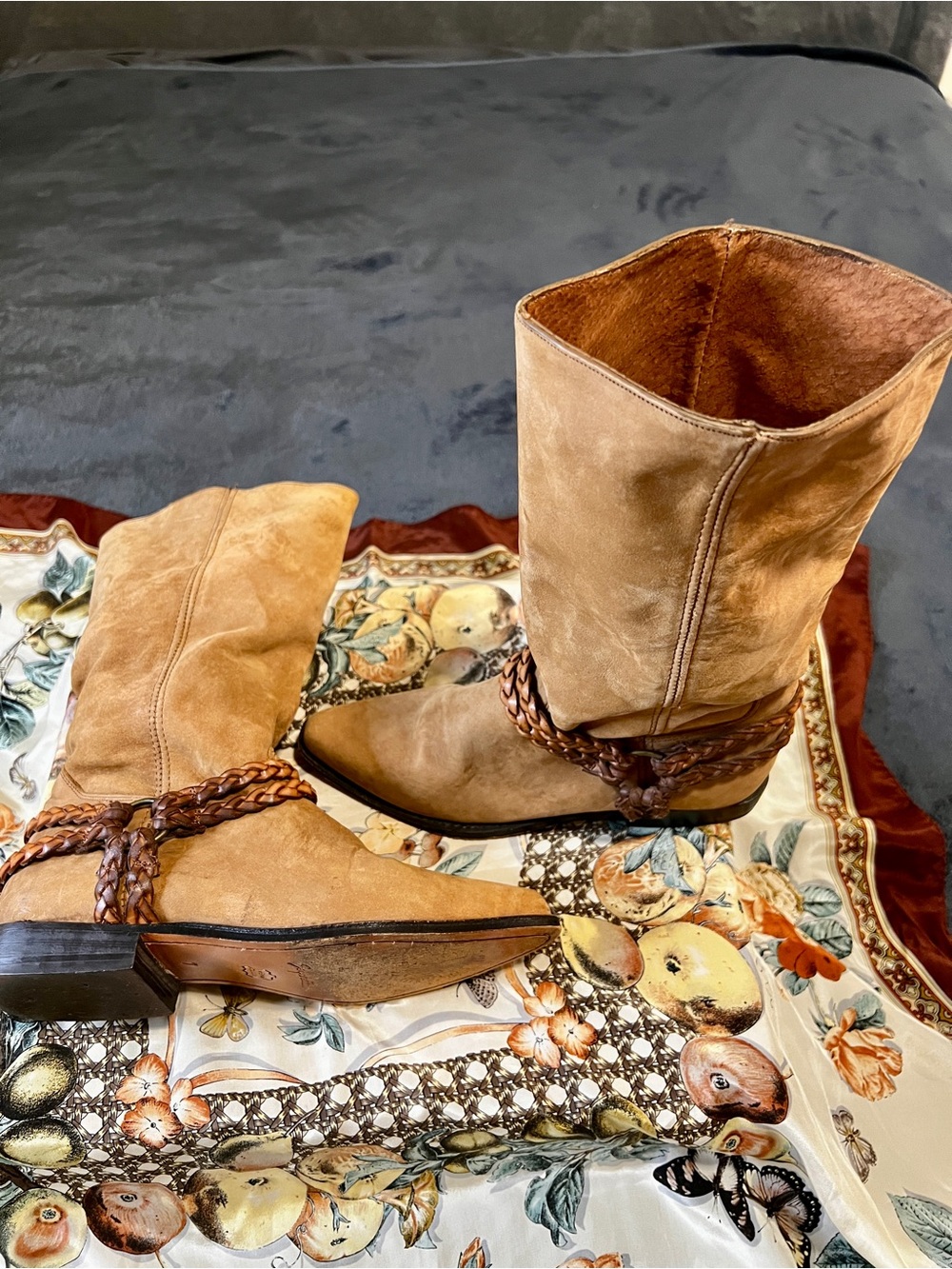 Seychelles Vtg Wms Tan Nubuck Leather Braided Harness Flat Boho Western Boots 7